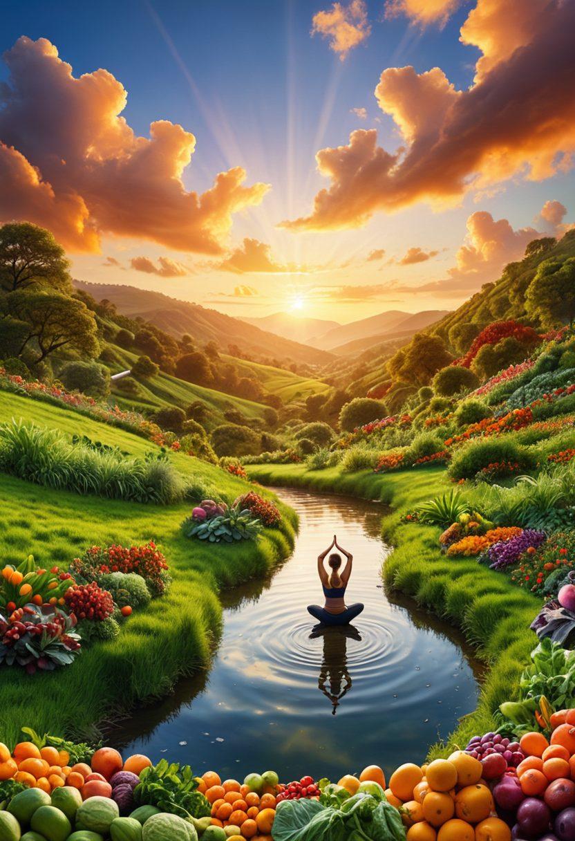A serene landscape featuring a holistic health coach guiding a diverse group of individuals practicing yoga on a lush green hill at sunrise, surrounded by symbols of nutrition like fruits and vegetables, complemented by gentle flowing water and soft clouds above, conveying a sense of peace and wellness. super-realistic. vibrant colors. inspirational mood.