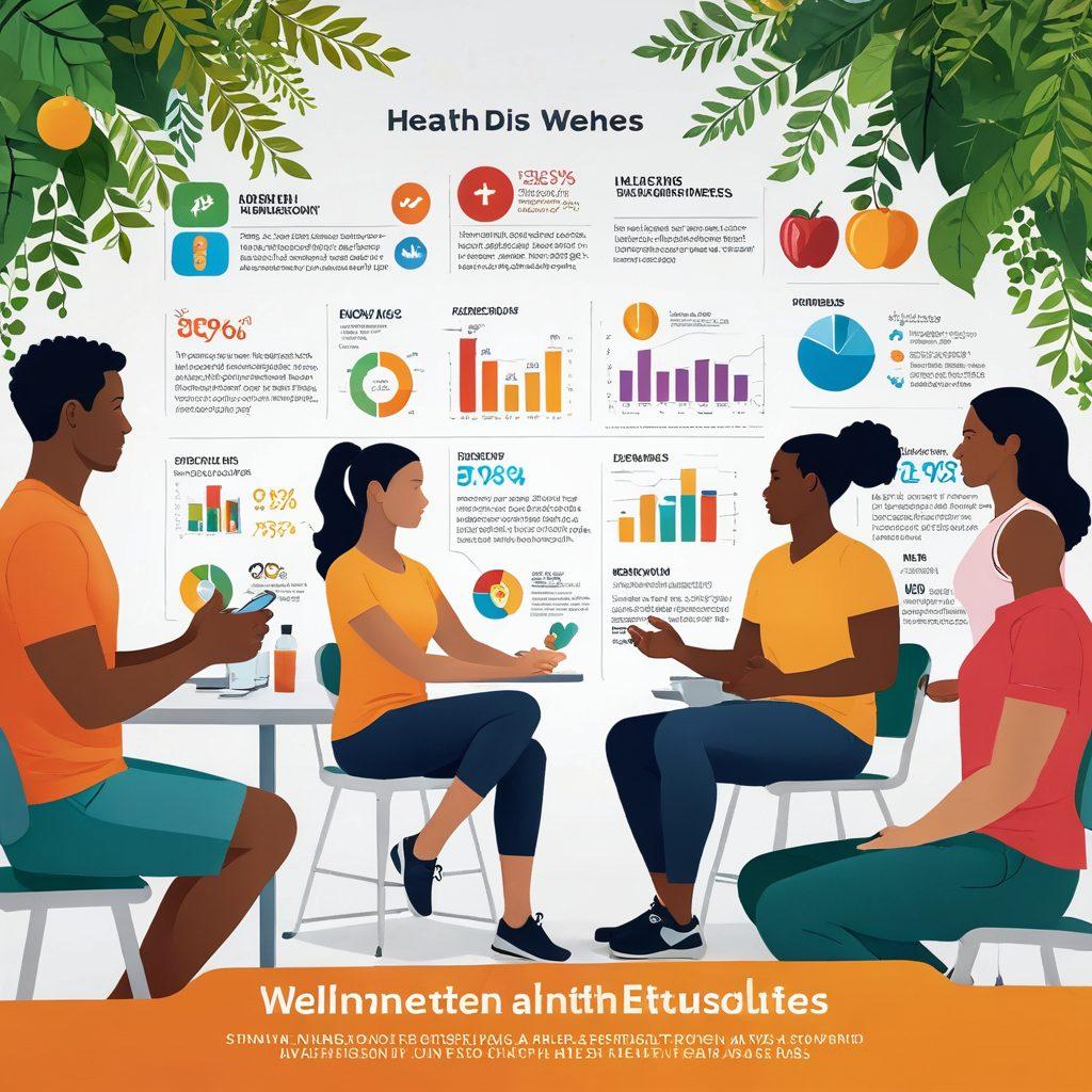 A dynamic composition showcasing a diverse group of health experts exchanging ideas, surrounded by vibrant infographics representing wellness trends such as nutrition, mental health, and fitness. Include elements like herbal remedies, exercise equipment, and digital health devices to illustrate a modern approach to wellness. The background should be bright and inviting, with a hint of nature. super-realistic. vibrant colors. white background.