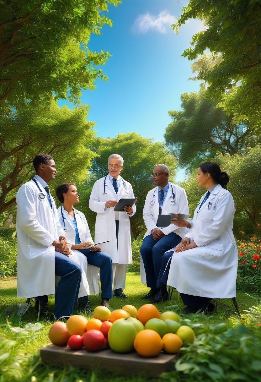 A serene, inviting scene featuring a diverse group of physicians engaged in a lively discussion, surrounded by symbols of health like stethoscopes, fruits, and green plants. The background showcases a tranquil park with a bright blue sky, emphasizing a sense of well-being. Incorporate vibrant sunlight streaming through the leaves, casting gentle shadows. The overall atmosphere should convey a harmonious blend of nature and medical expertise. super-realistic. vibrant colors. 3D.